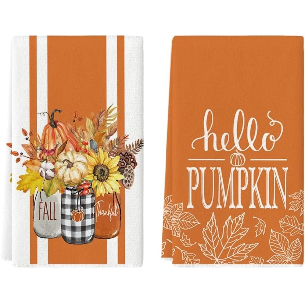 Set of 2 Hello Pumpkin Fall Kitchen Towels , 18x26 Inch Seasonal Hand Towels